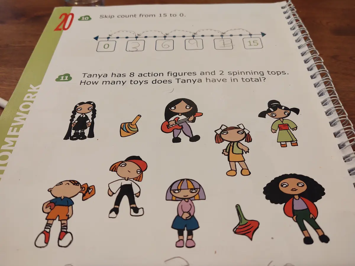 A close-up of a children's math worksheet page showing a homework problem about counting toys. The problem states 'Tanya has…