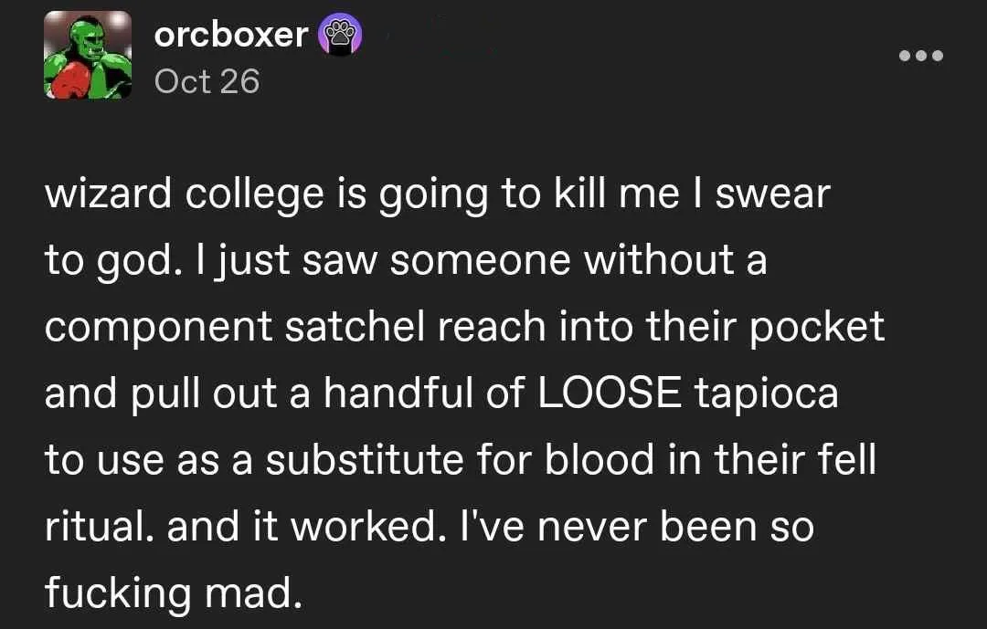 A screenshot of a social media post by 'orcboxer' dated Oct 26, showing white text on a dark background. The text describes…