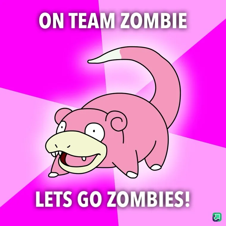 A pink cartoon Pokémon, Slowpoke, is shown against a bright pink and magenta background with radiating lines. White bold…