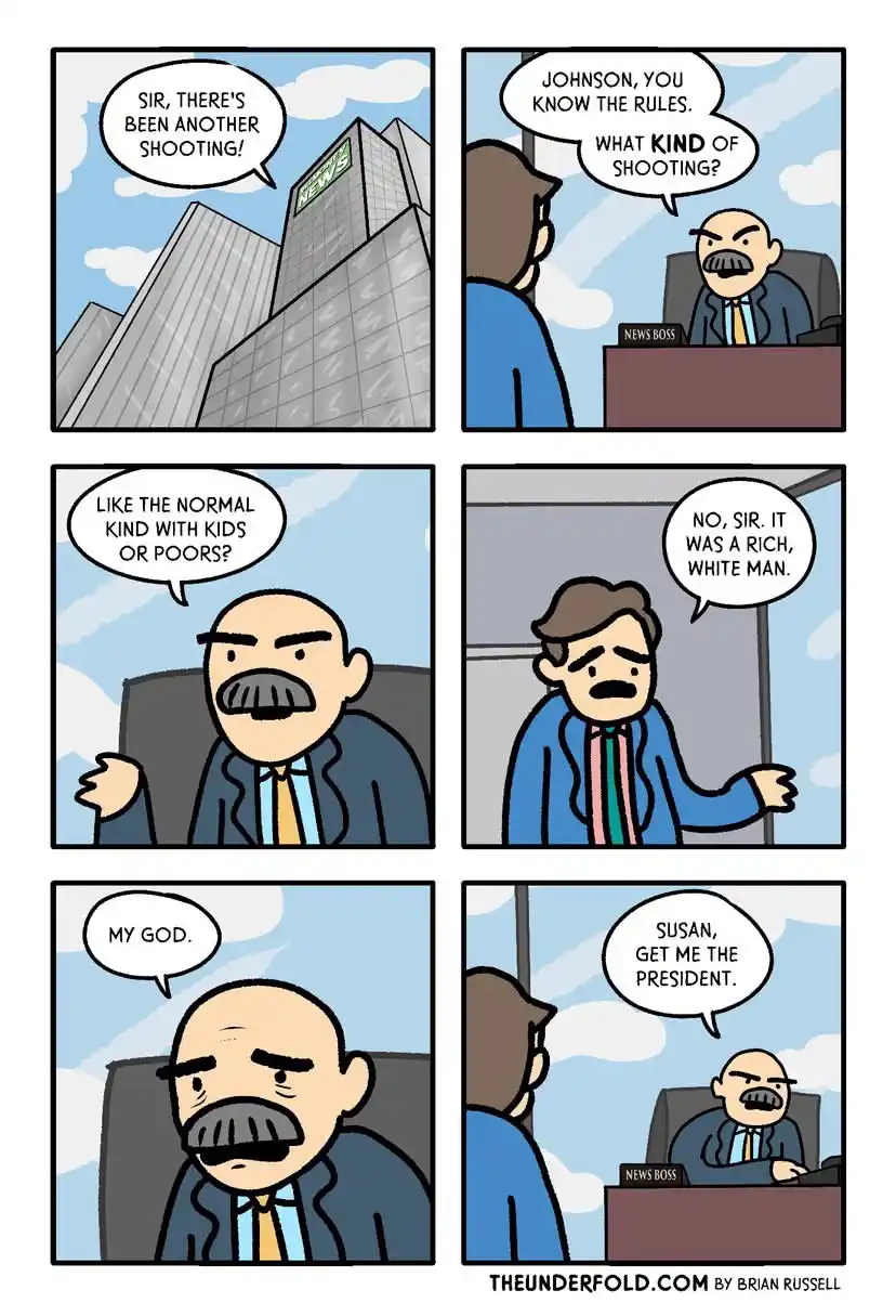 A six-panel comic strip shows a news boss reacting with increasing horror to a report that a shooting occurred involving a…