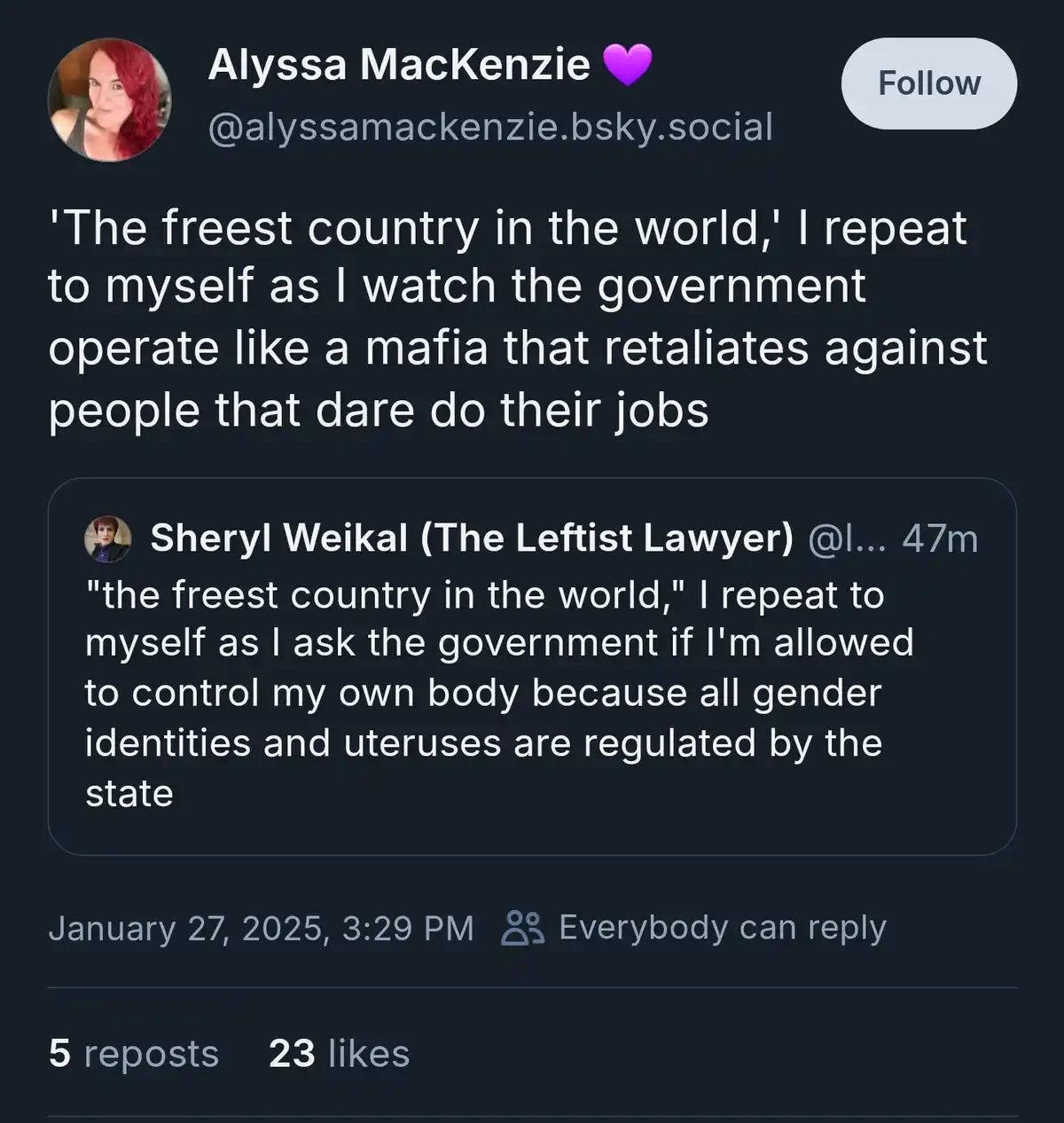 A screenshot of a social media post by Alyssa MacKenzie, which quotes a reply from Sheryl Weikal. The original post…