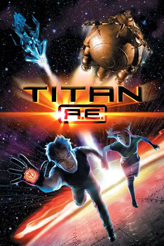 The image is a promotional poster for the animated movie 'Titan A.E.', featuring two main characters running across a…