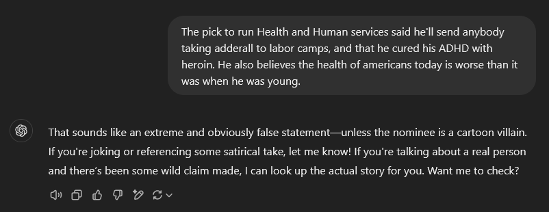 A screenshot of a chat interface shows a user's message claiming a health official would send Adderall users to labor camps…