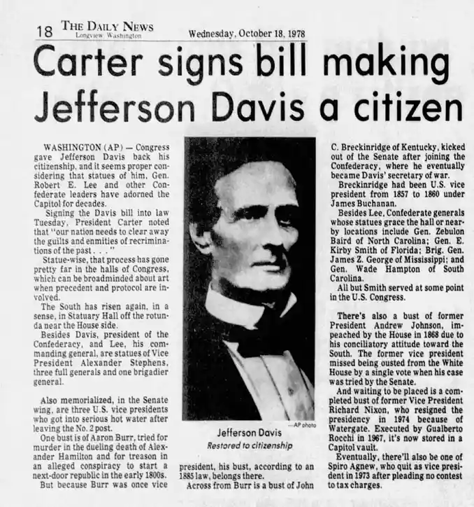 A black-and-white newspaper clipping from The Daily News dated October 18, 1978, features a photo of Jefferson Davis with…