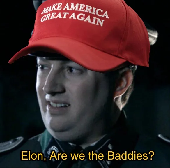 A close-up of a man in a dark uniform with a red 'MAKE AMERICA GREAT AGAIN' cap, looking sideways with a smirk. The text…
