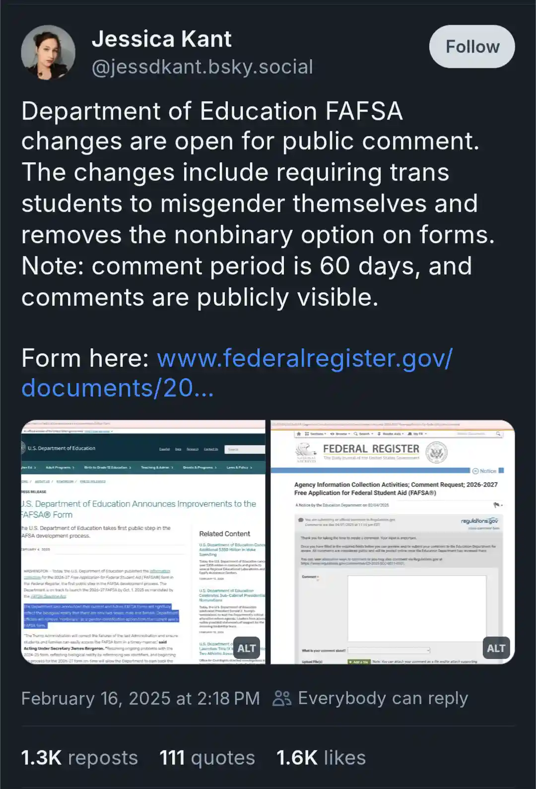 A screenshot of a social media post by Jessica Kant detailing a fictional Department of Education FAFSA form change that…