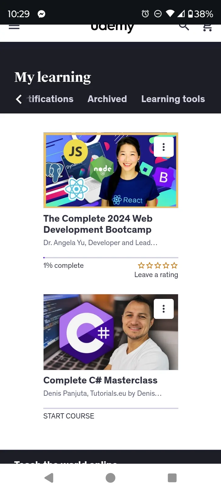 A screenshot of a Udemy mobile app showing a user's 'My learning' page with two courses: 'The Complete 2024 Web Development…