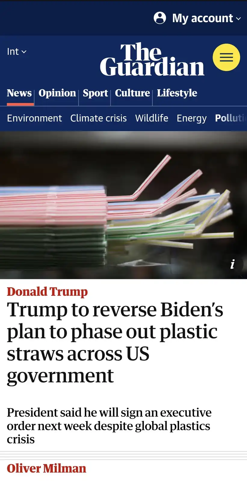 A screenshot of a The Guardian news article headline about Donald Trump reversing Biden's plastic straw ban, overlaid with…