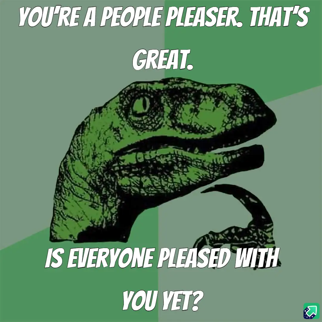 A green cartoon velociraptor with a raised eyebrow and thoughtful expression is centered on a split green background. The…