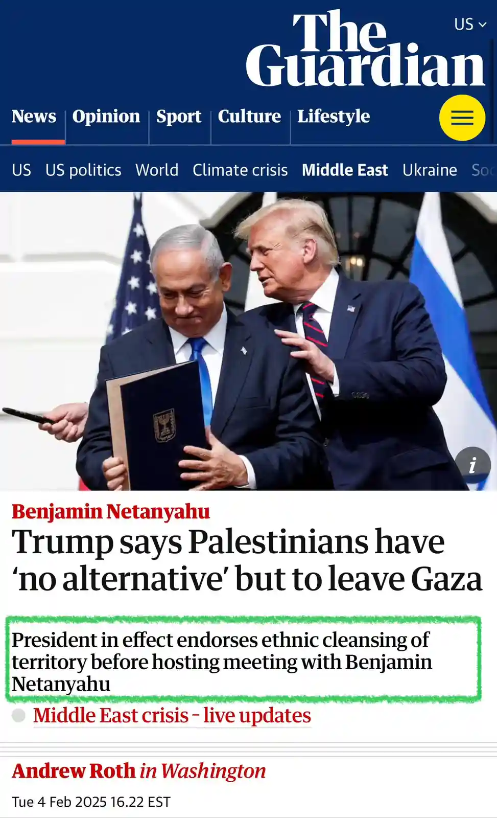 A screenshot of The Guardian's news article featuring Donald Trump and Benjamin Netanyahu standing together, with Trump…