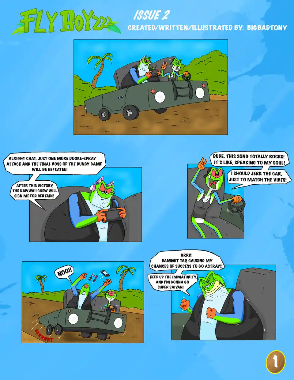 A comic strip titled 'Fly Boyzz Issue 2' by BigBadTony shows two green frog-like characters in a green convertible. One is…