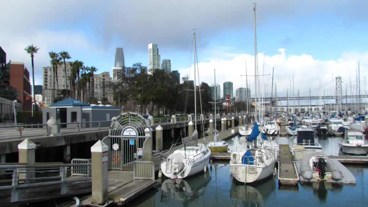 A scenic view of a marina filled with sailboats and yachts docked at piers, with a city skyline featuring modern skyscrapers…