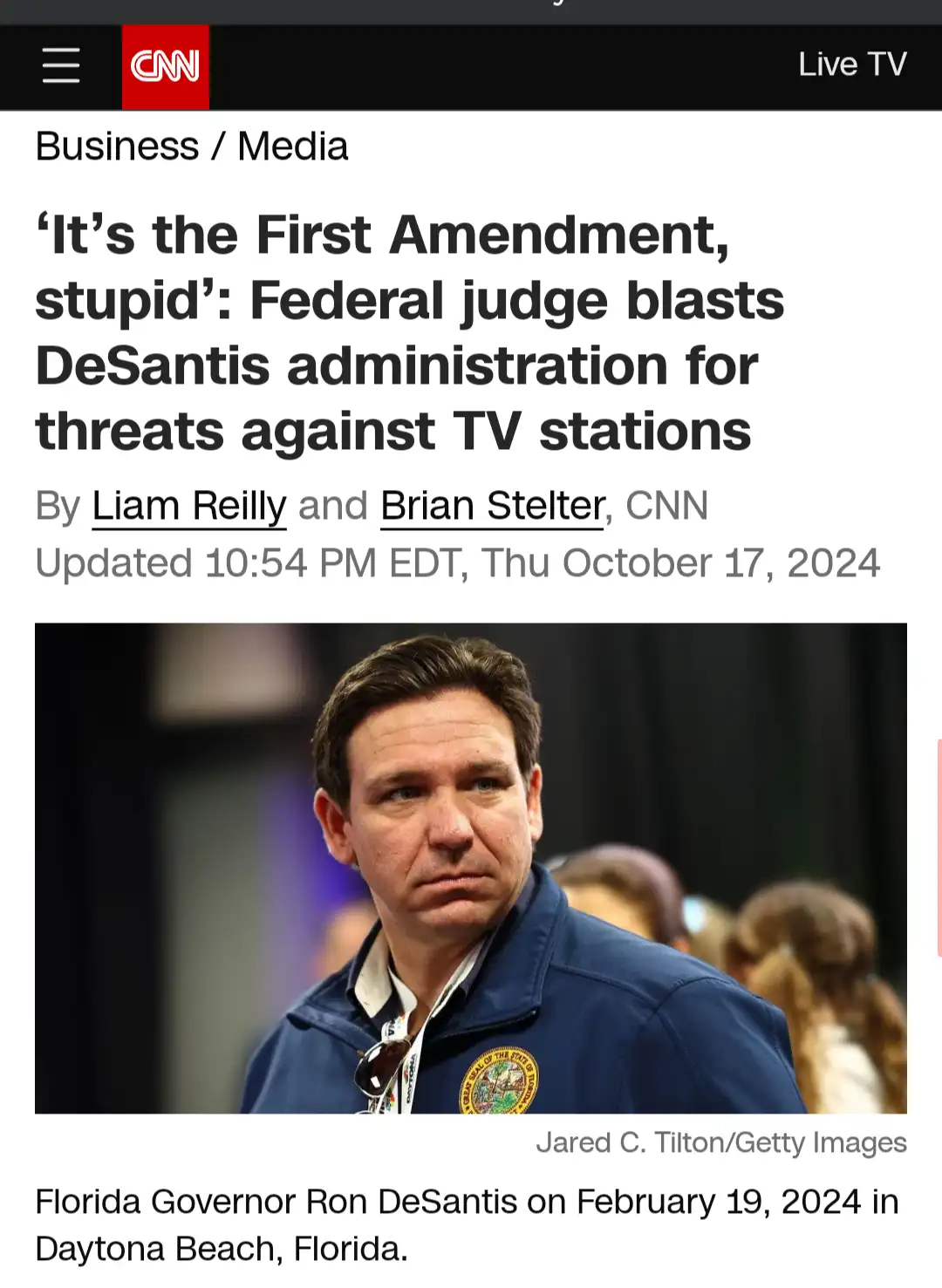 A screenshot of a CNN news article about a federal judge criticizing the DeSantis administration for threatening TV…