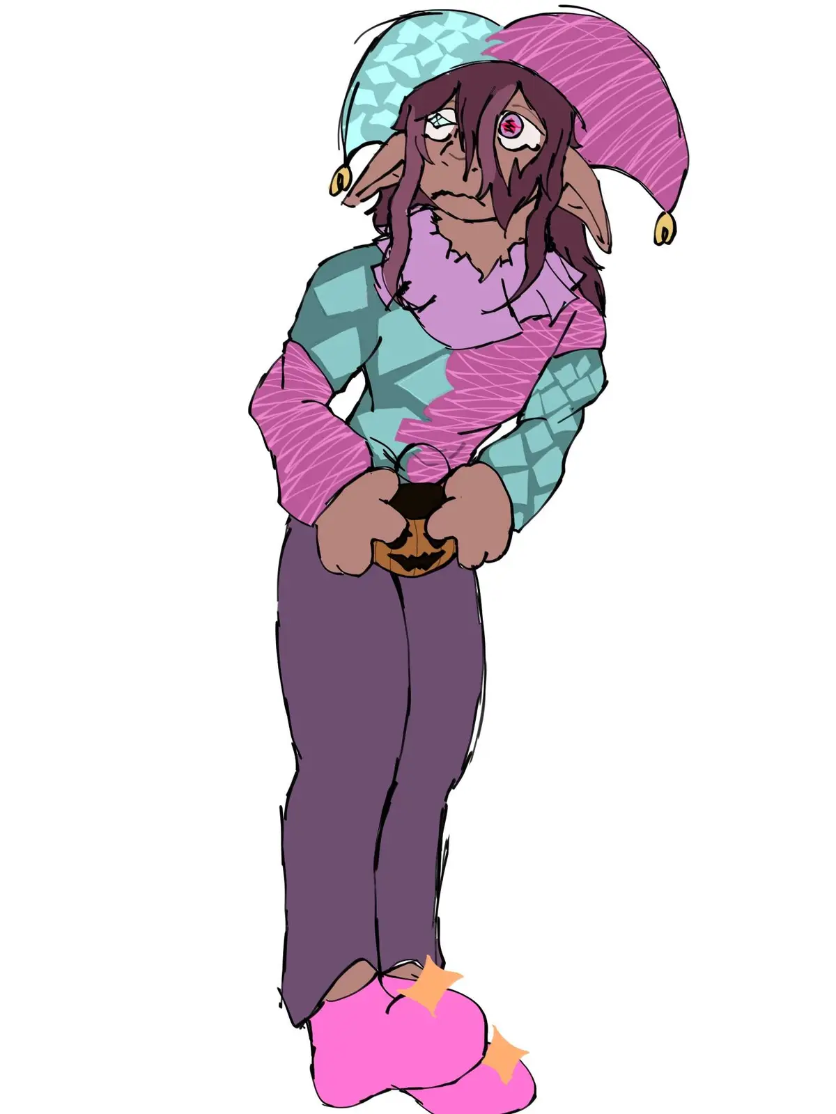 A cartoon character with long purple hair, pointed ears, and a two-toned jester hat (blue and pink) holds a carved pumpkin…