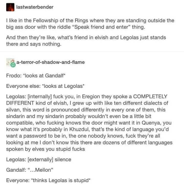 A screenshot of a Reddit comment thread where a user jokes about Legolas failing to speak the correct Elvish password…