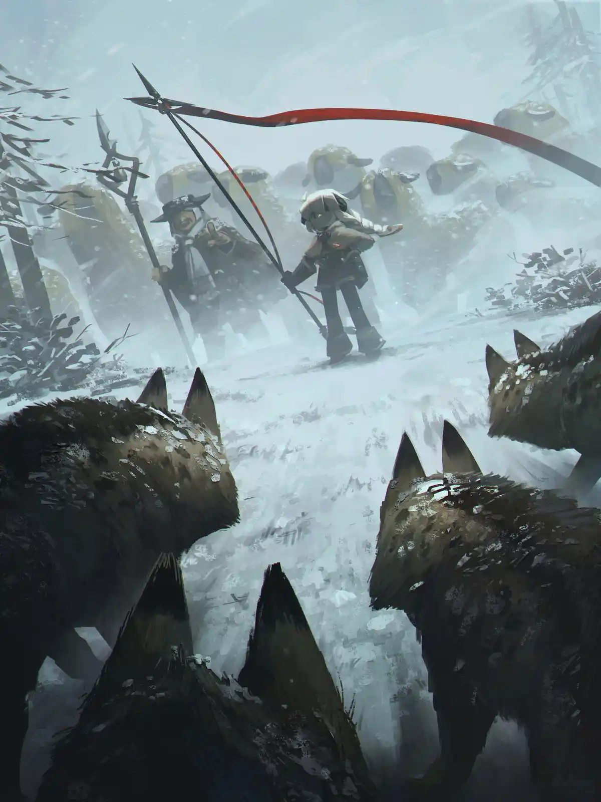 A snowy, atmospheric illustration shows two armored figures standing on a snowy ridge, facing a pack of wolves in the…