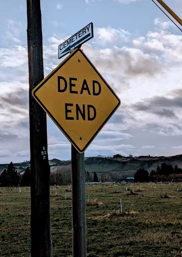 A yellow diamond-shaped road sign reading 'DEAD END' is mounted on a wooden pole, with a smaller rectangular sign above it…