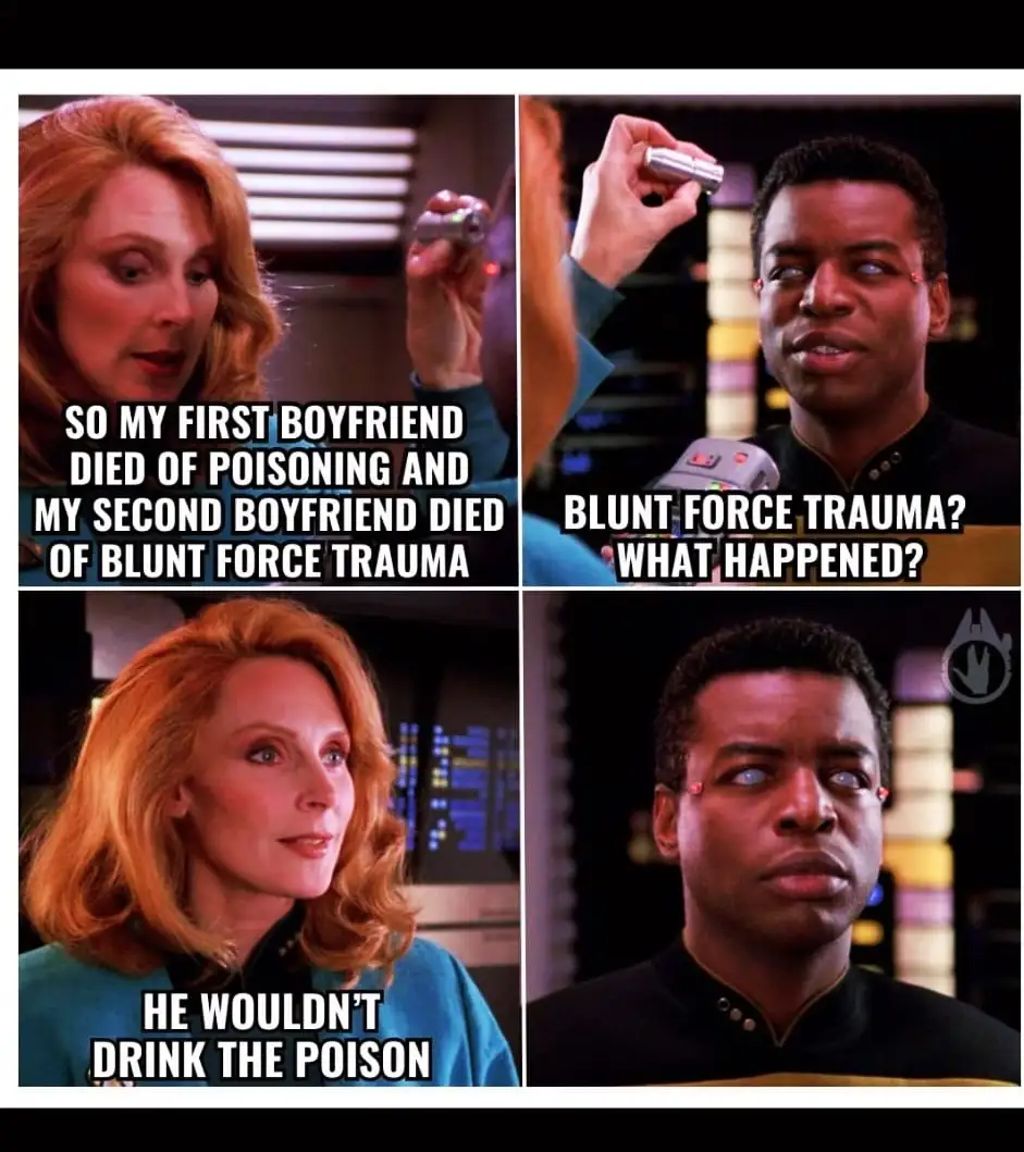 A four-panel meme from Star Trek: The Next Generation featuring Captain Picard and Counselor Troi. In the top-left, Troi…