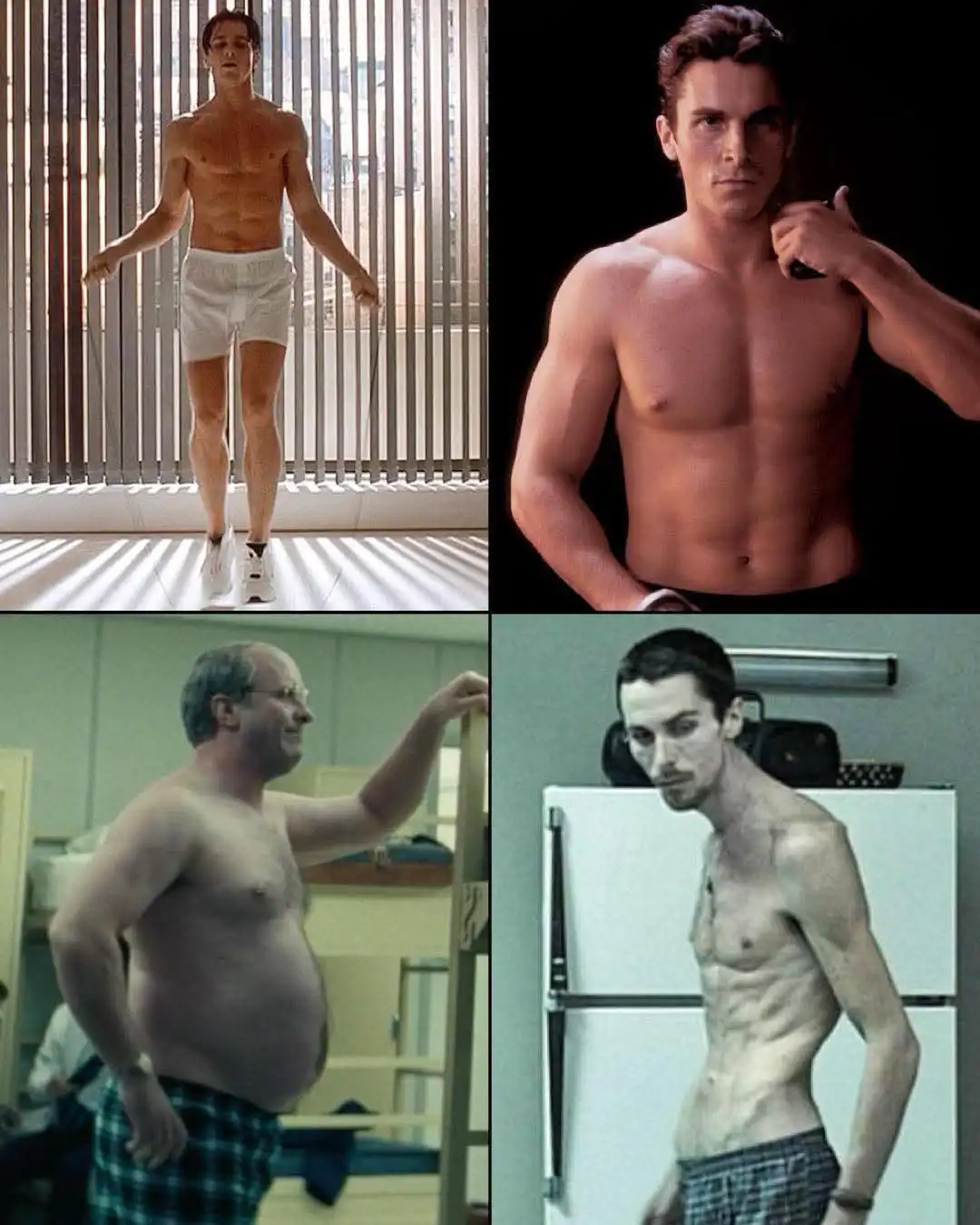 This four-panel meme juxtaposes images of a muscular man jumping rope, a muscular man posing, a man with a large belly, and…