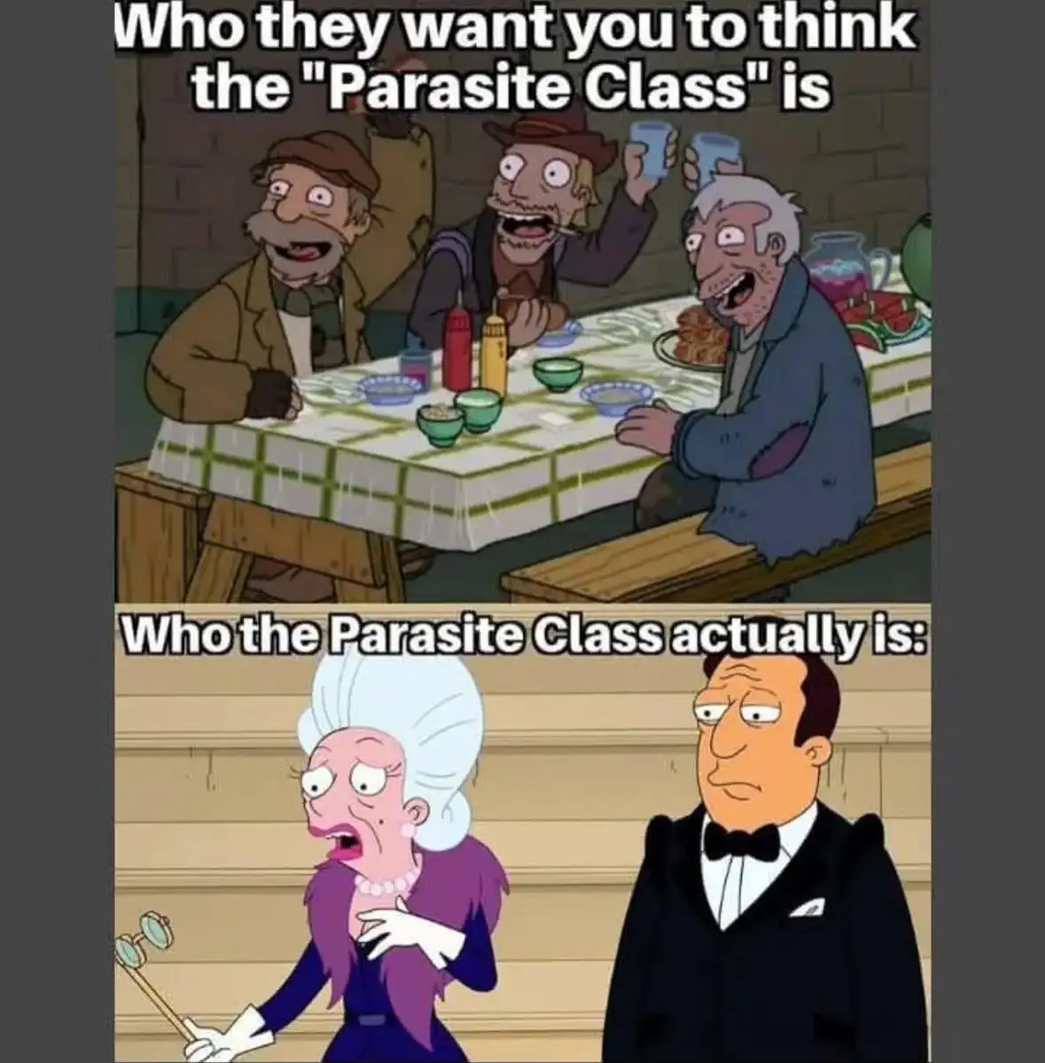 The top panel shows three ragged, smiling cartoon men in tattered clothes drinking at a table, implying the public's…