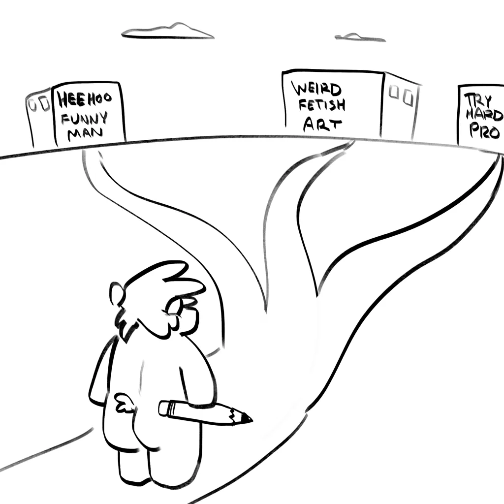 A black-and-white cartoon depicts a person with a pencil standing at the edge of a cliff, looking at three buildings labeled…