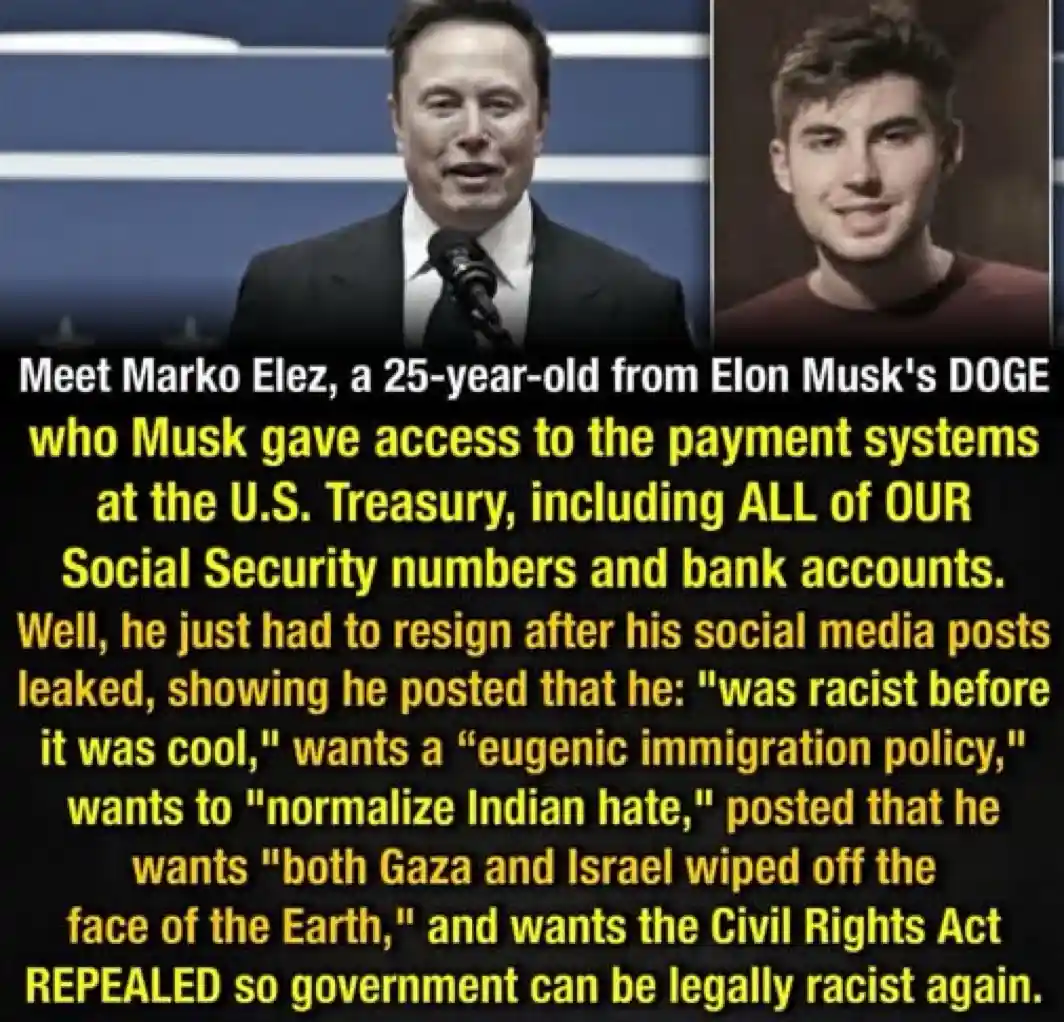 The image displays two men side by side: one is Elon Musk speaking at a podium, and the other is a younger man, Marko Elez…