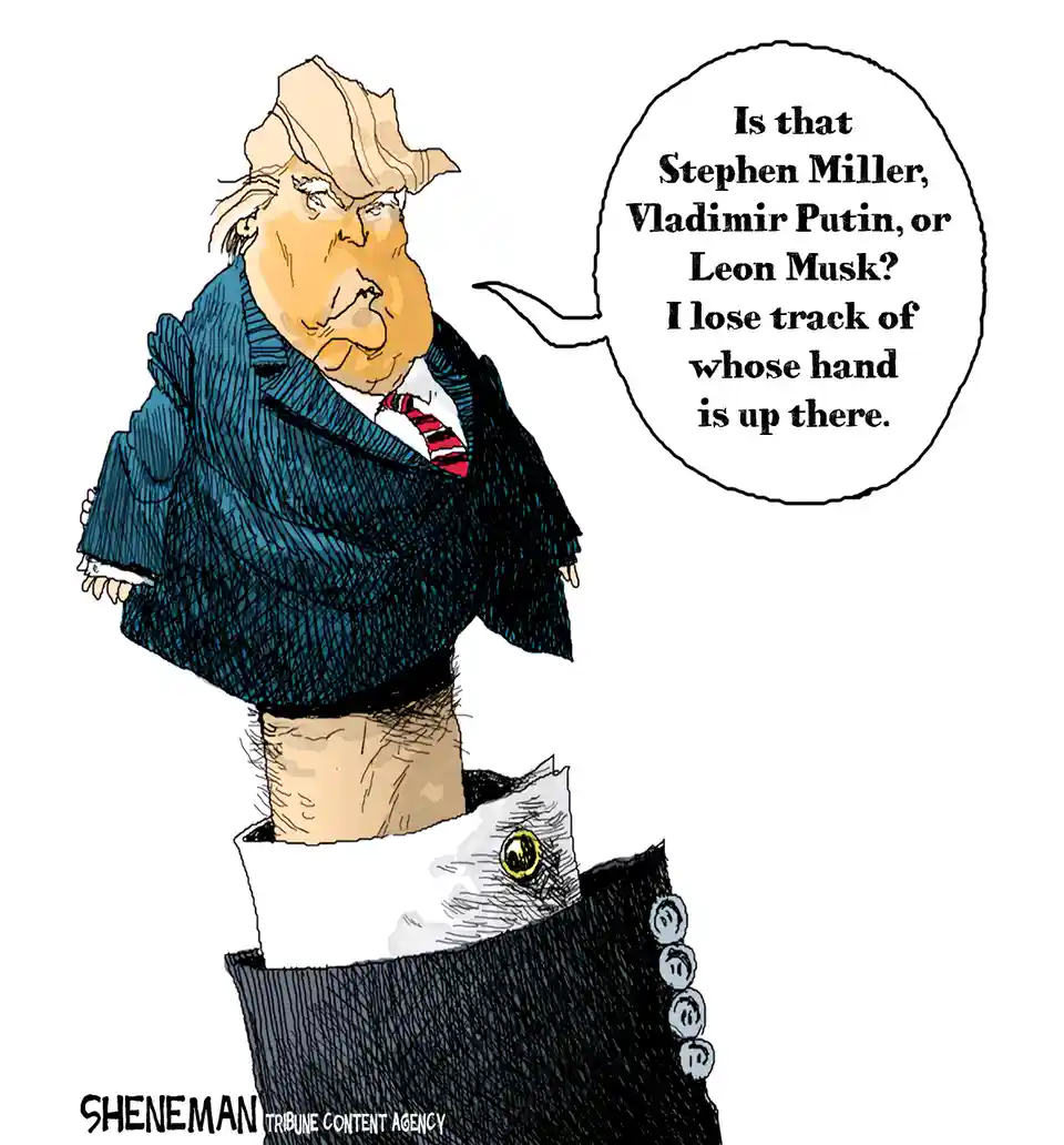 A cartoon depicts a caricature of Donald Trump emerging from a pocket, wearing a blue suit and red tie, with a speech bubble…