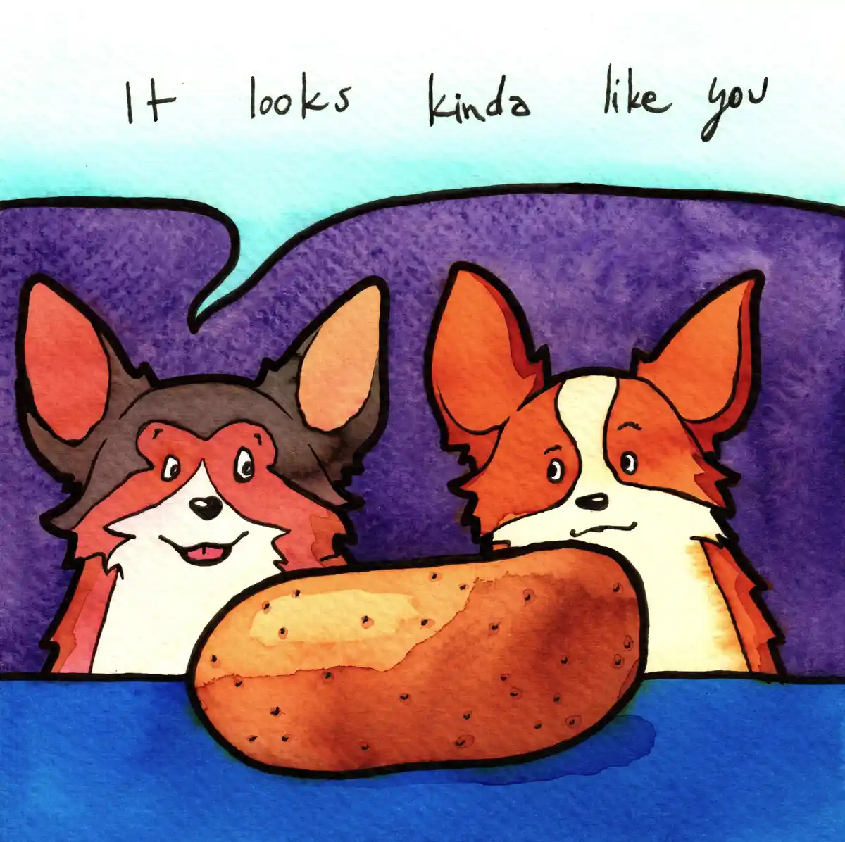 Two cartoon corgis are looking at a large potato in water; the corgi on the left smiles while the one on the right looks…