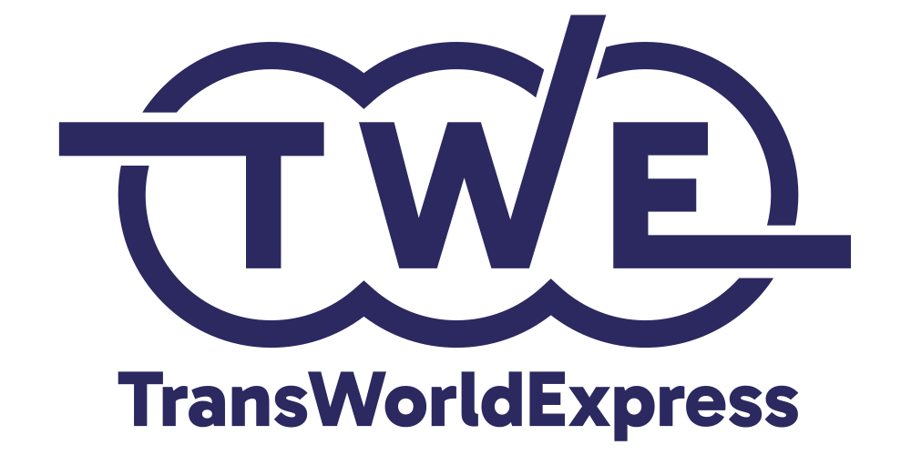 The image displays the official logo of TransWorldExpress, featuring the stylized initials 'TWE' in a bold, dark blue font…