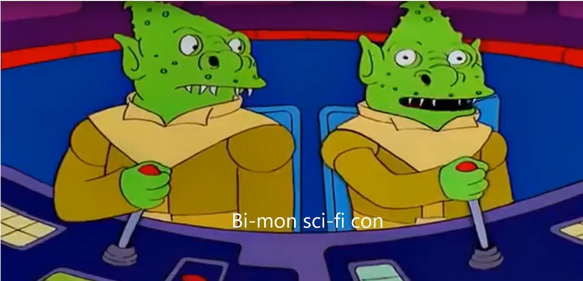 Two identical green-skinned alien characters in yellow uniforms sit side-by-side at a sci-fi control panel, each gripping a…