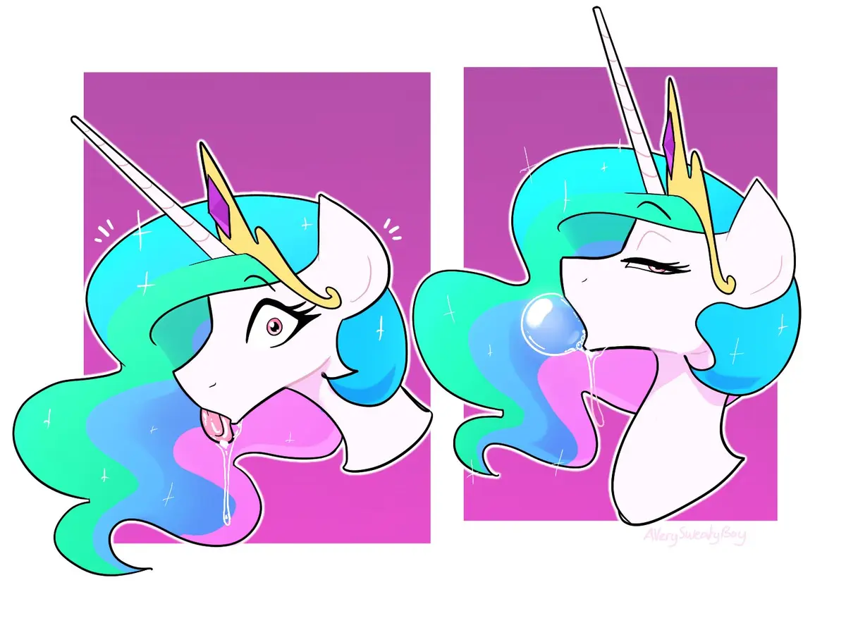 The image shows two side-by-side illustrations of a stylized unicorn with a blue and teal mane, pink body, and golden horn…