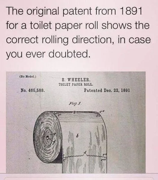 A vintage 1891 patent drawing for a toilet paper roll by S. Wheeler, showing a diagram labeled 'Fig. 1' with arrows…