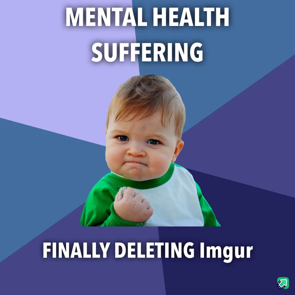 A baby with a scrunched face and clenched fist is centered on a geometric blue and purple background. The text above the…