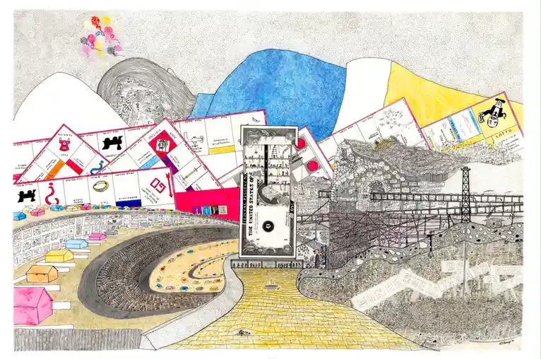 A surreal, colorful illustration depicts a chaotic landscape where a giant dollar bill stands as a central pillar…
