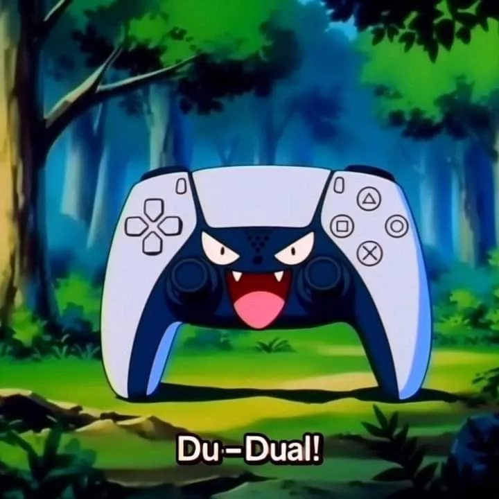 A white and blue PlayStation 5 DualSense controller is edited to look like the Pokémon Gengar, standing in a forest with a…