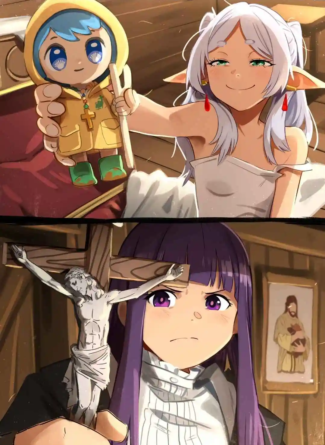 The image is split into two panels. Top: A smiling elf-like woman with silver hair holds up a small, cute doll wearing a…