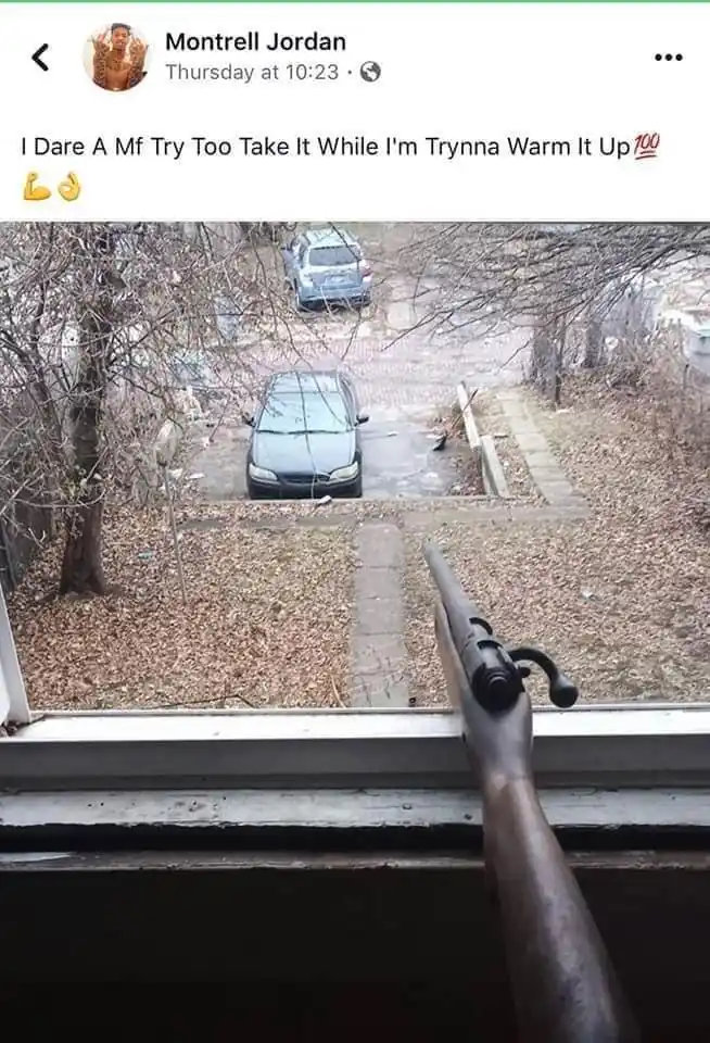 A screenshot of a social media post by Montrell Jordan shows a rifle resting on a windowsill, pointing down a residential…