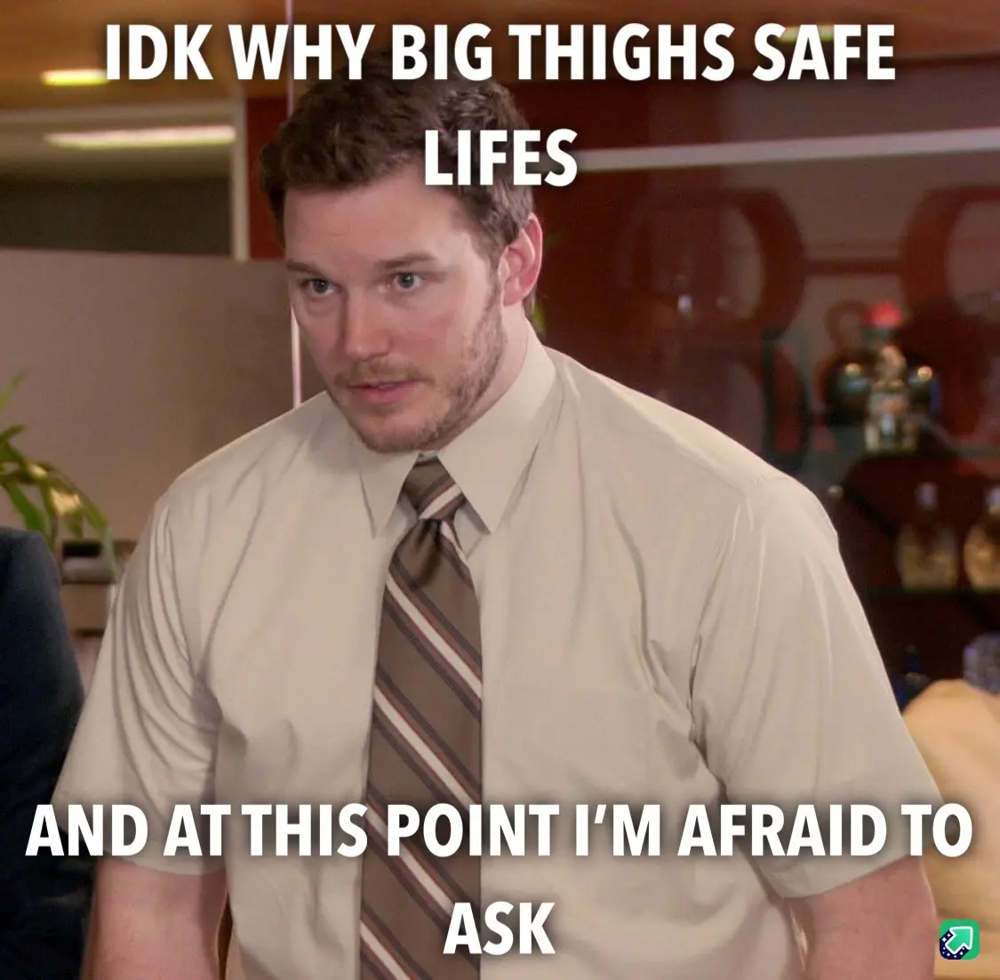A man in a beige shirt and striped tie looks confused and slightly alarmed, with white text overlaid that reads 'IDK WHY BIG…