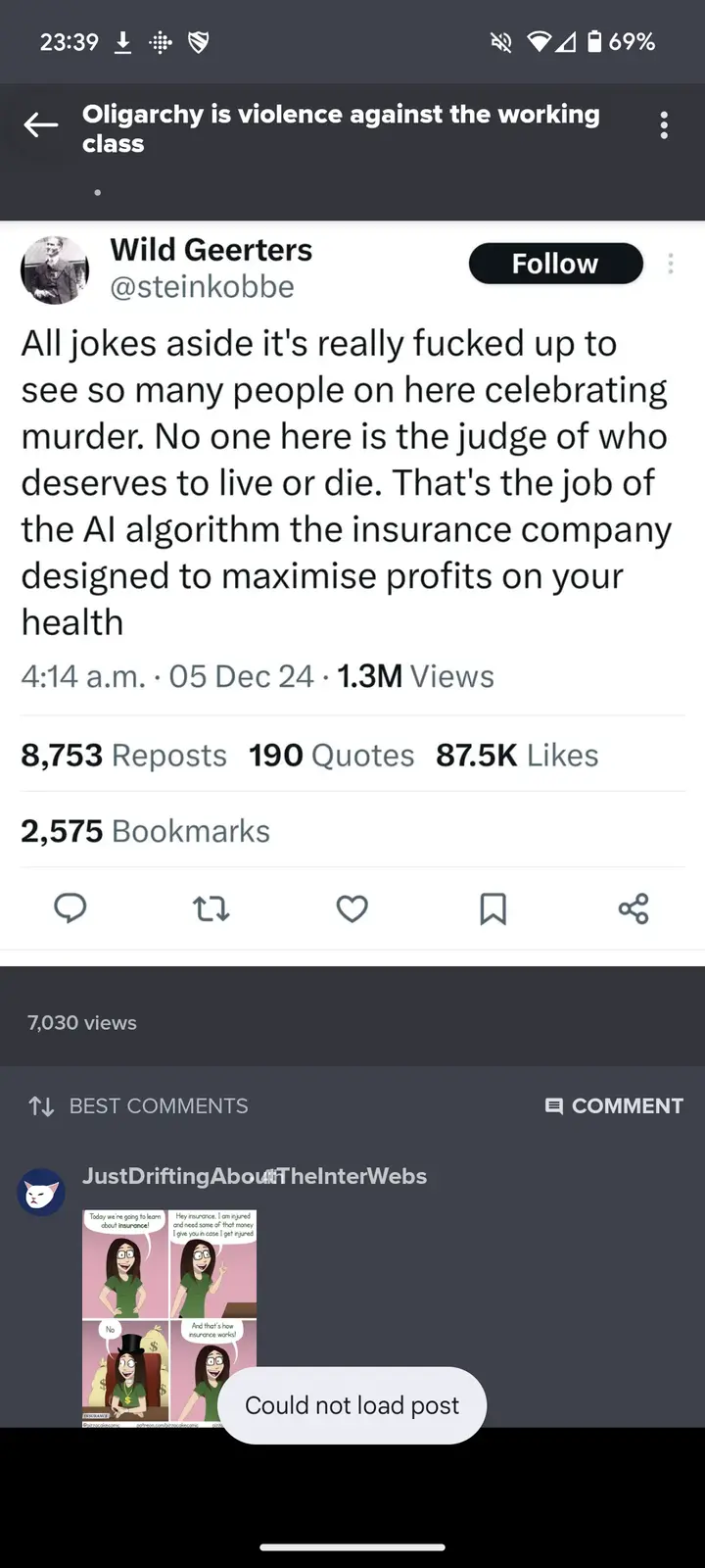 A screenshot of a social media post by 'Wild Geerters' criticizing online celebrations of murder, blaming AI insurance…