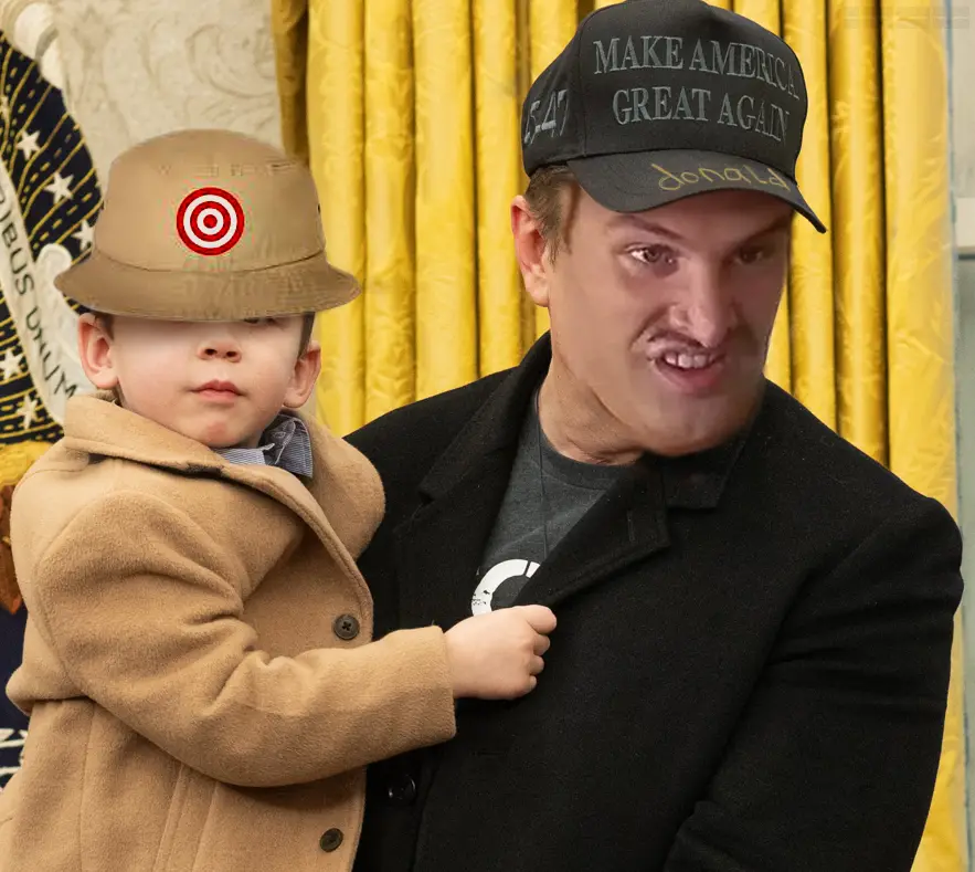A digitally altered image shows a man wearing a 'Make America Great Again' cap and a distorted, angry face, holding a small…