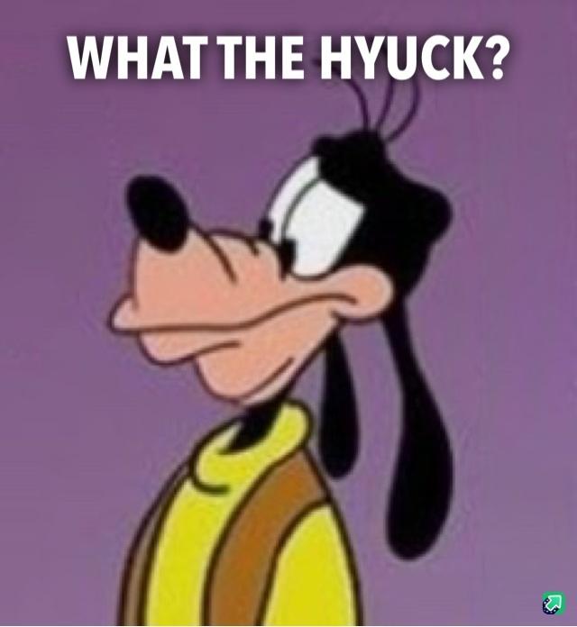 A cartoon image of Goofy looking confused and slightly annoyed, with the text 'WHAT THE HYUCK?' overlaid in bold white…