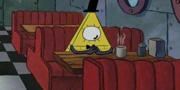 A yellow, triangular cartoon character with one large eye, wearing a black top hat and mustache, sits at a diner booth. He…