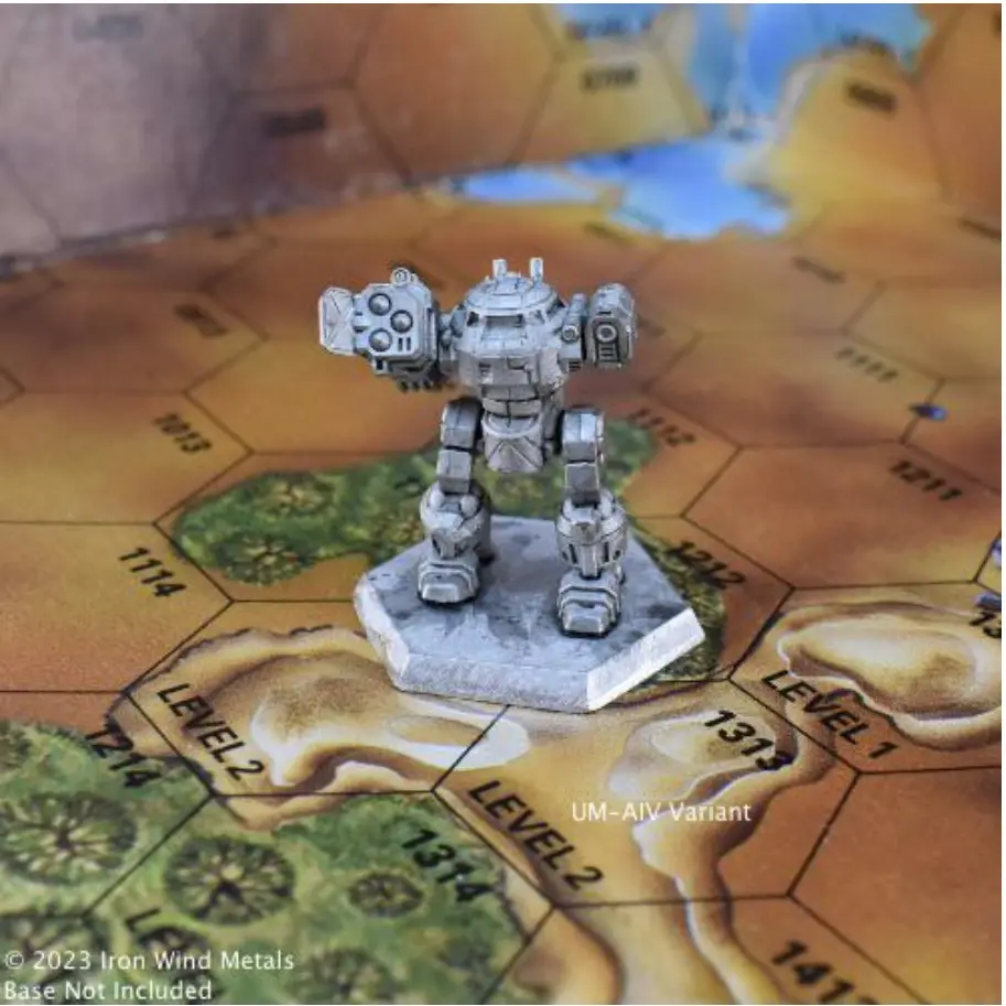 A detailed, silver-colored miniature robot stands on a hexagonal game board with terrain and level markers. The text 'UM-AIV…