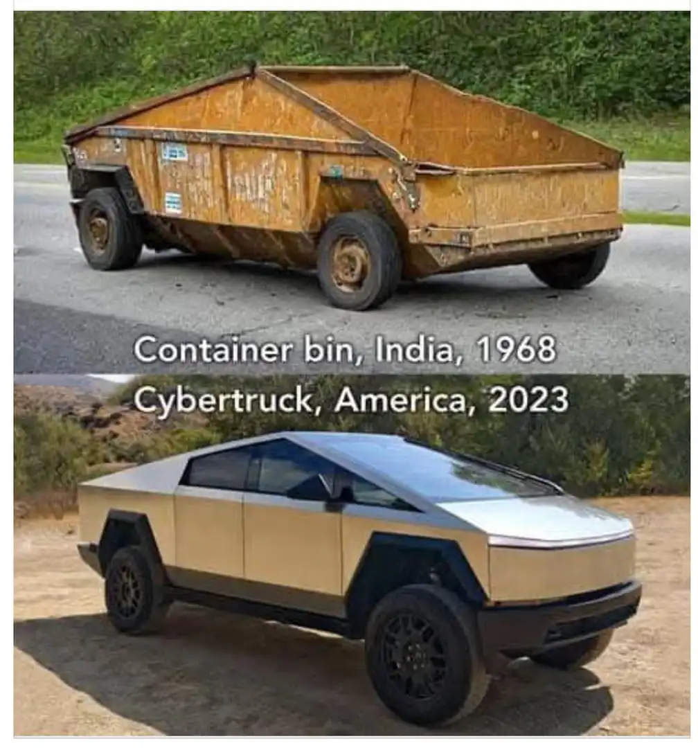 The image displays two vehicles: the top is a rusty, boxy container bin from 1968 in India, and the bottom is a sleek…