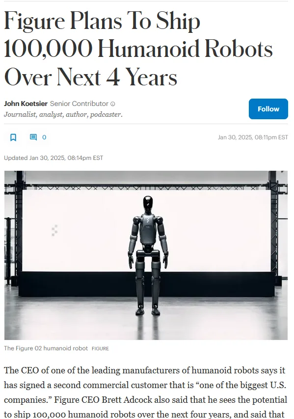 A news article screenshot shows a humanoid robot standing in front of a large blank screen in a warehouse-like setting. The…