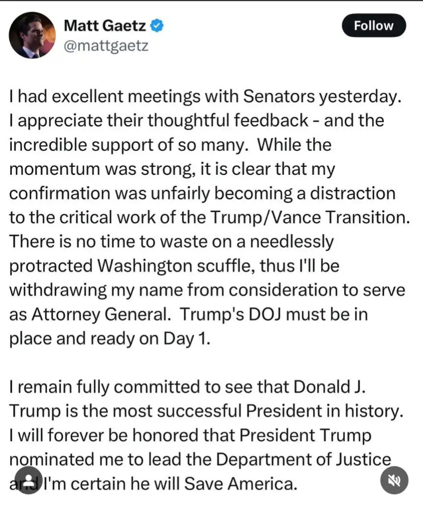 A screenshot of a tweet from Matt Gaetz's verified Twitter account, showing his announcement that he is withdrawing his name…