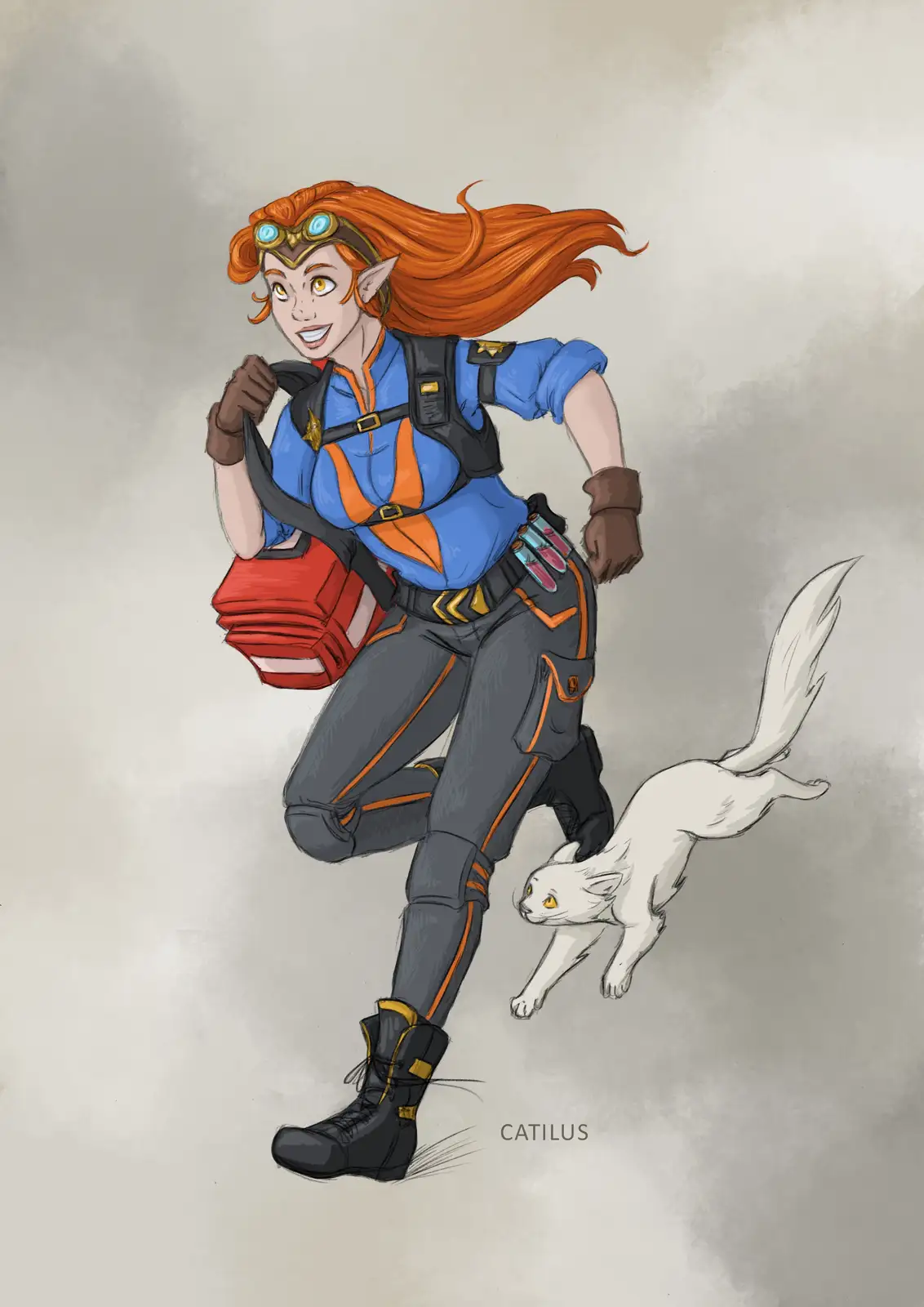 An elf-like woman with orange hair and goggles runs forward in a blue and orange uniform with a red backpack, accompanied by…
