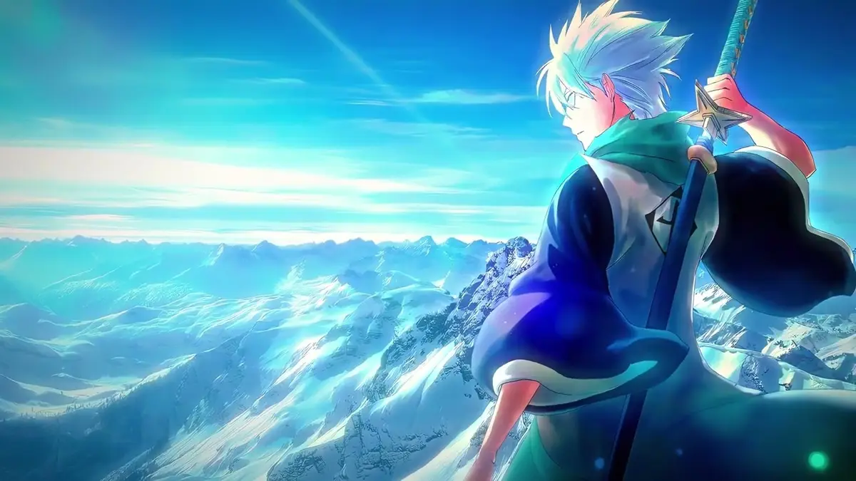 An anime character with spiky white hair and a green scarf stands atop a snowy mountain peak, holding a sword with a…