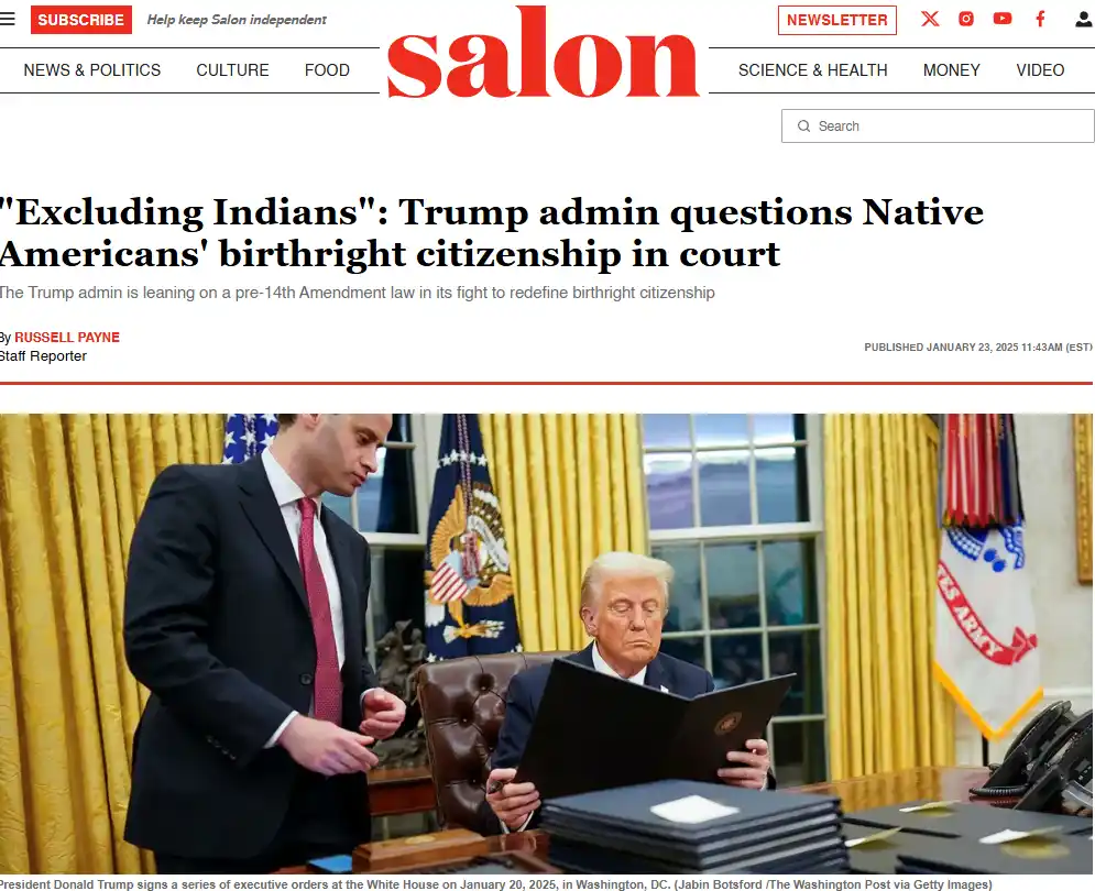 A screenshot of a Salon news article with a headline about the Trump administration questioning Native Americans' birthright…