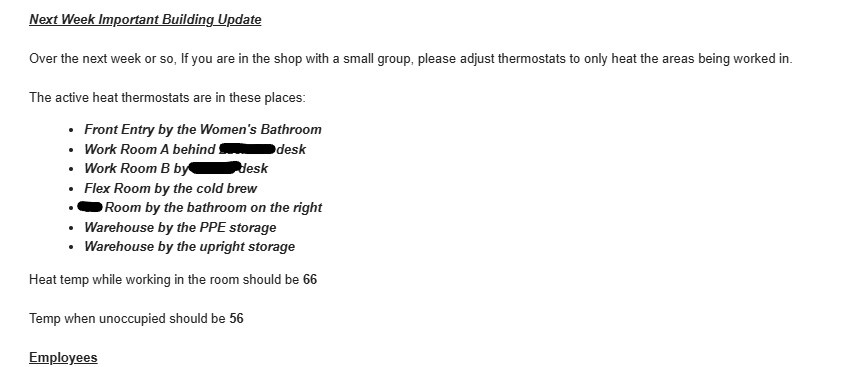 A screenshot of an internal office memo titled 'Next Week Important Building Update' instructs employees to adjust…